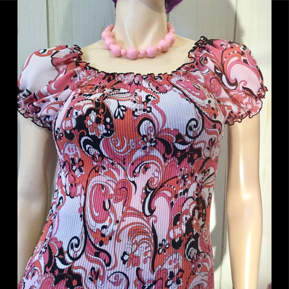 Retro Psychedelic Print Boho Puff Sleeve Top